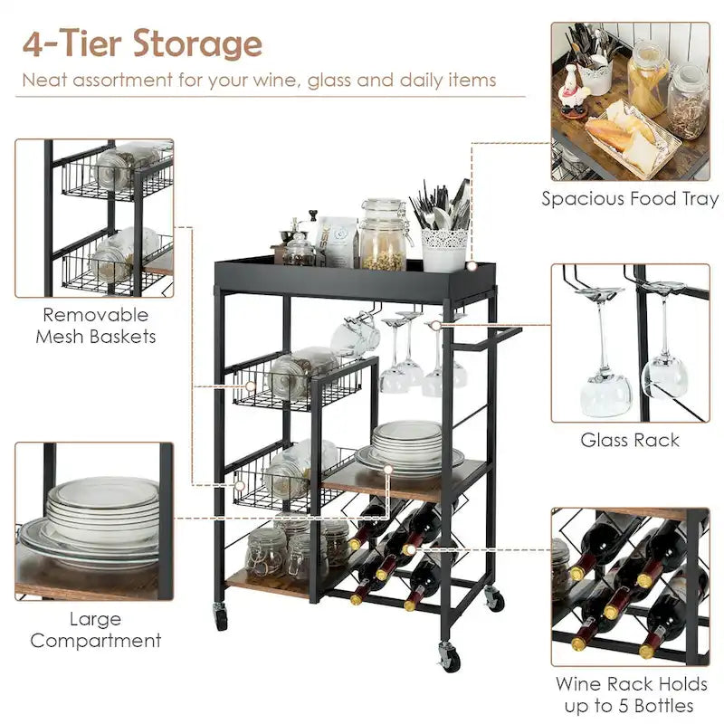Rustic Brown & Black 4-Tier Rolling Kitchen Cart with Wine Rack