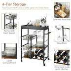 Rustic Brown & Black 4-Tier Rolling Kitchen Cart with Wine Rack