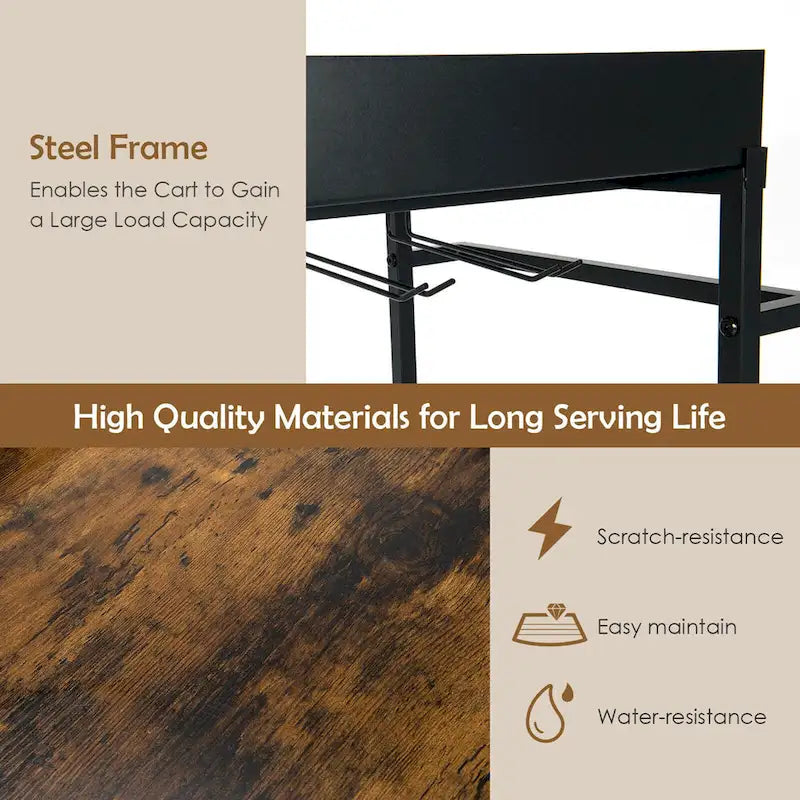 Rustic Brown & Black 4-Tier Rolling Kitchen Cart with Wine Rack