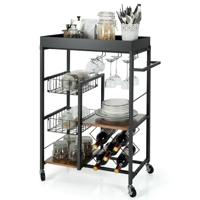 Rustic Brown & Black 4-Tier Rolling Kitchen Cart with Wine Rack