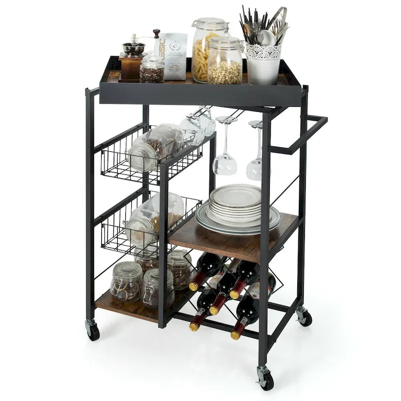 Rustic Brown & Black 4-Tier Rolling Kitchen Cart with Wine Rack