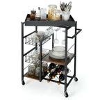 Rustic Brown & Black 4-Tier Rolling Kitchen Cart with Wine Rack