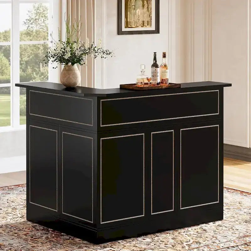 Black / Brown Modern L-Shaped Corner Bar Cabinet with Stemware Racks