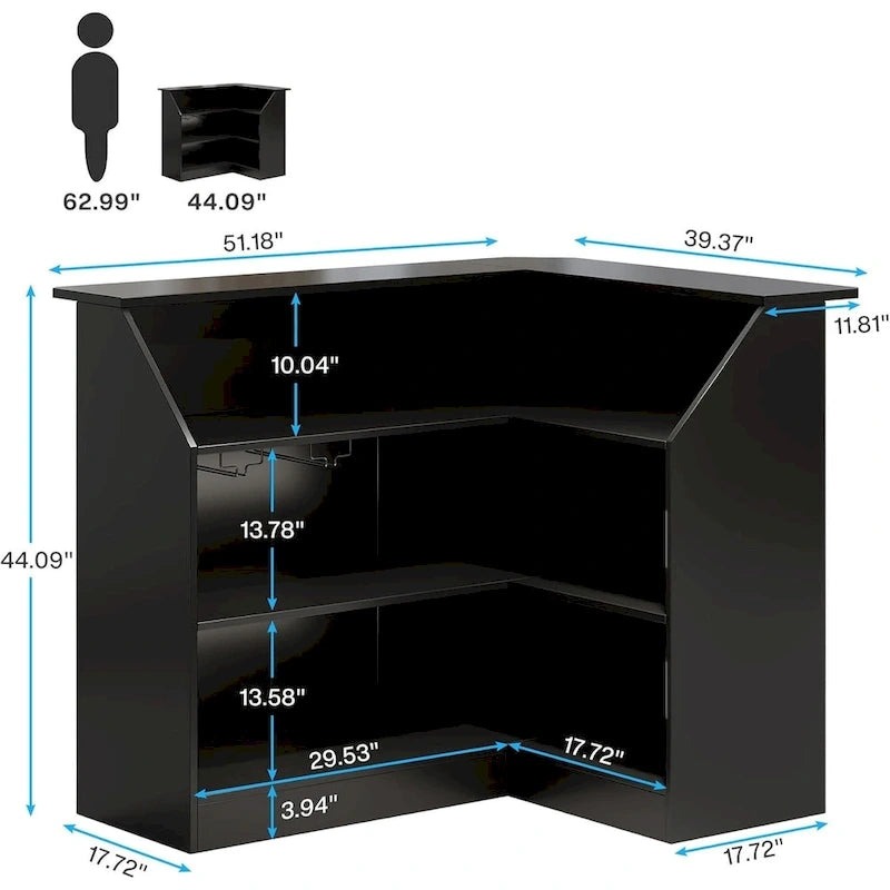 Black / Brown Modern L-Shaped Corner Bar Cabinet with Stemware Racks