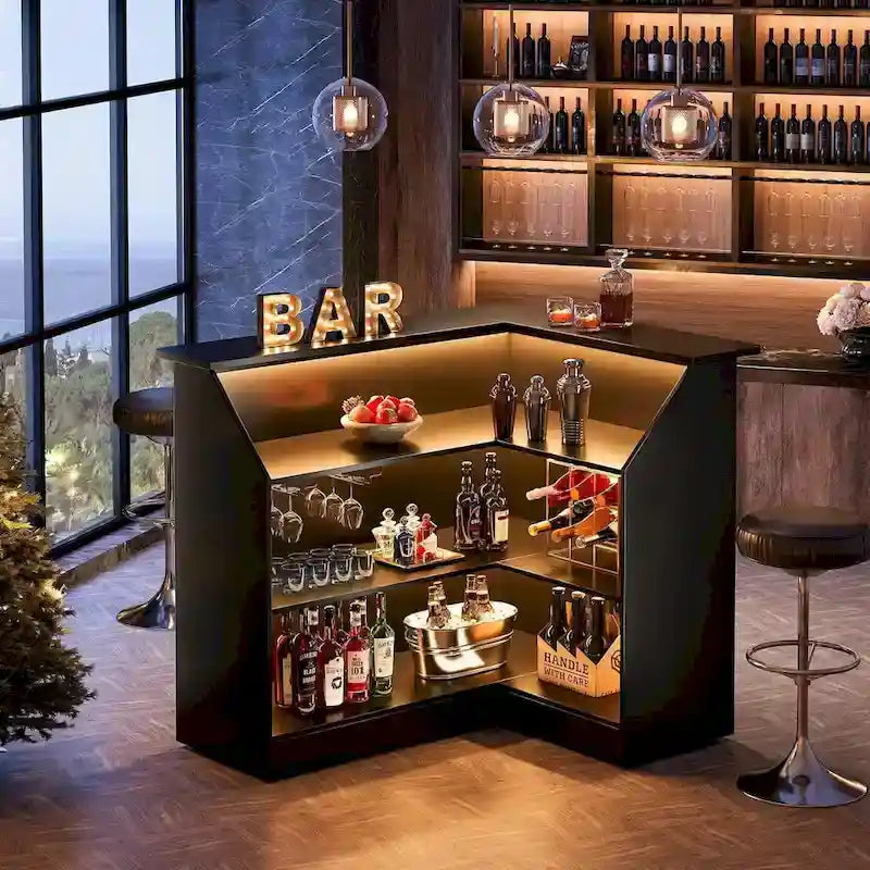 Black / Brown Modern L-Shaped Corner Bar Cabinet with Stemware Racks