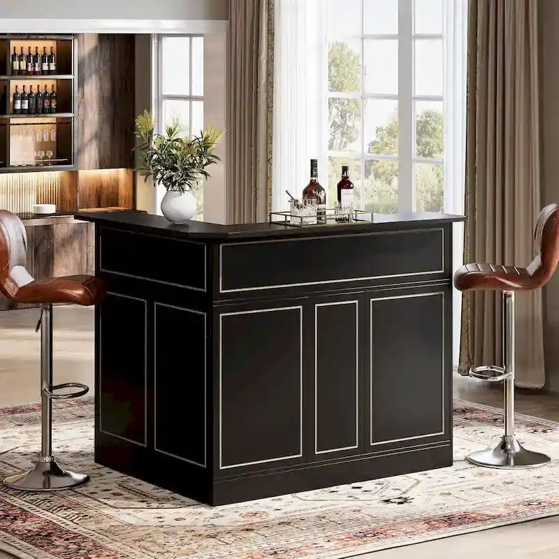 Black / Brown Modern L-Shaped Corner Bar Cabinet with Stemware Racks
