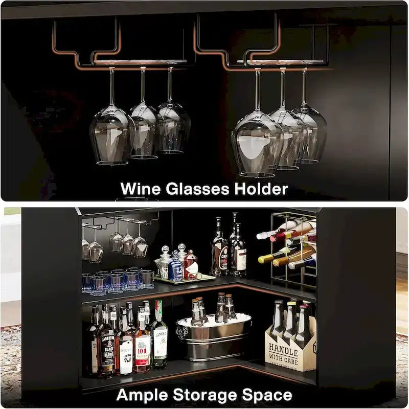 Black / Brown Modern L-Shaped Corner Bar Cabinet with Stemware Racks