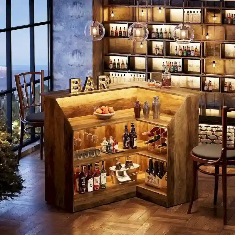 Black / Brown Modern L-Shaped Corner Bar Cabinet with Stemware Racks