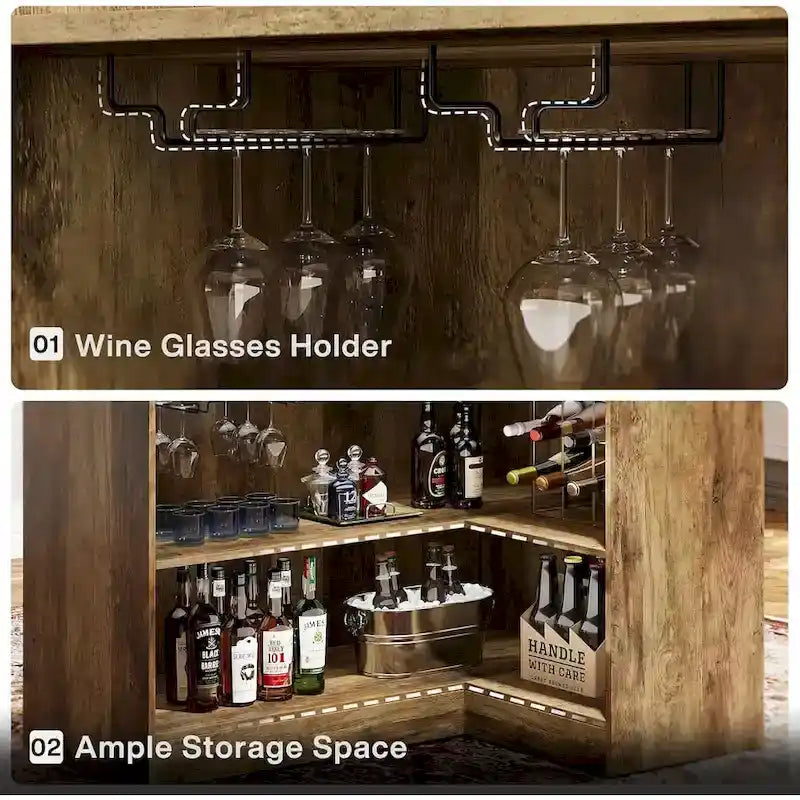 Black / Brown Modern L-Shaped Corner Bar Cabinet with Stemware Racks