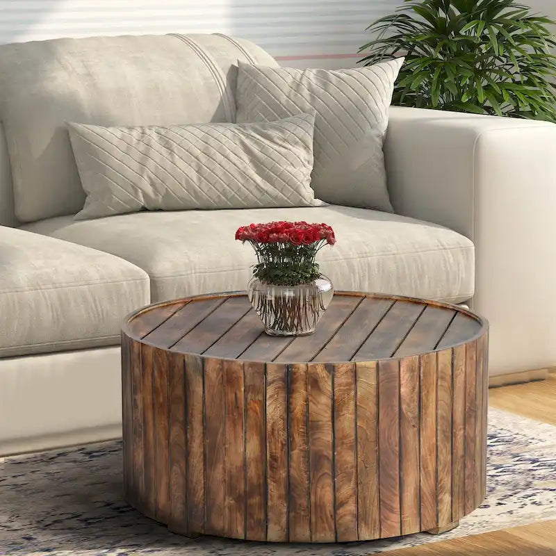 Natural Burned Brown Round Coffee Table, Solid Mango Wood, 1-Person