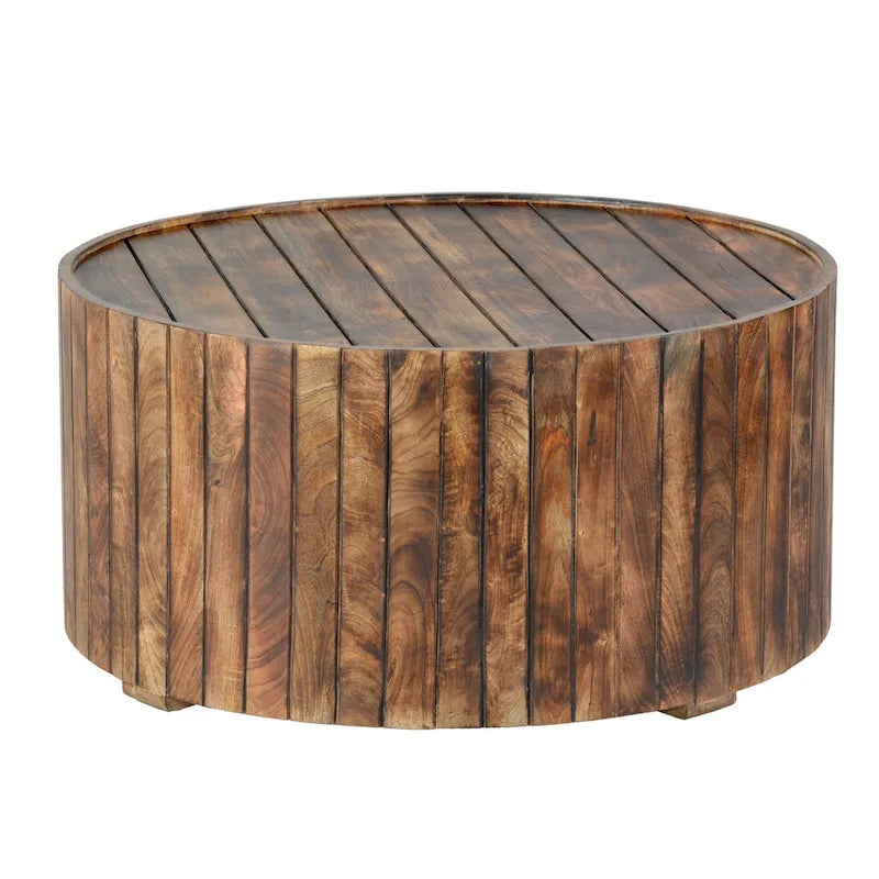 Natural Burned Brown Round Coffee Table, Solid Mango Wood, 1-Person