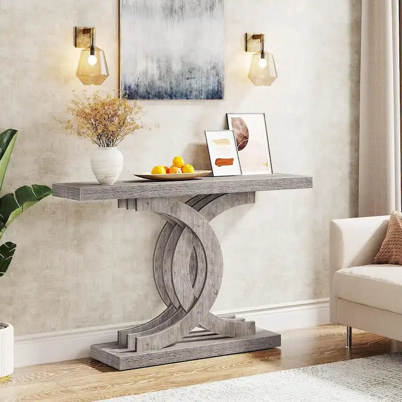 Grey / Gray & Black / Brown Console Table, Farmhouse Style, Single-Person Assembly