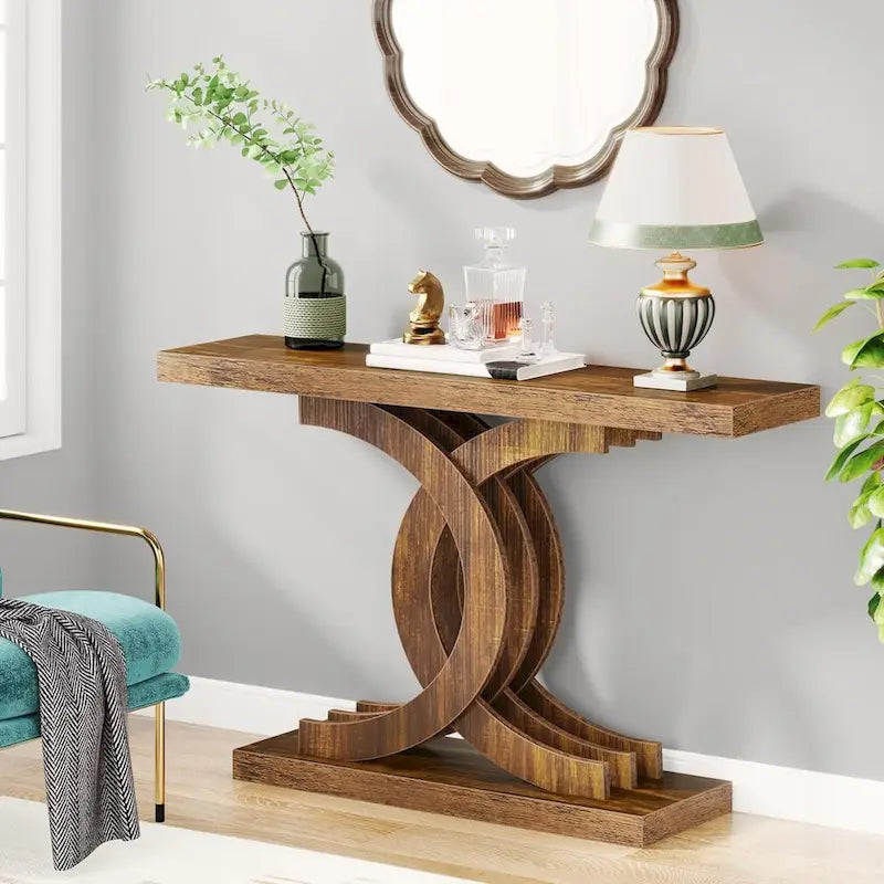 Grey / Gray & Black / Brown Console Table, Farmhouse Style, Single-Person Assembly