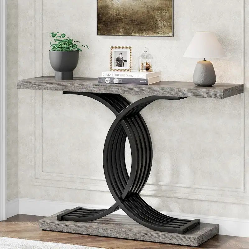Grey / Gray & Black / Brown Console Table, Farmhouse Style, Single-Person Assembly
