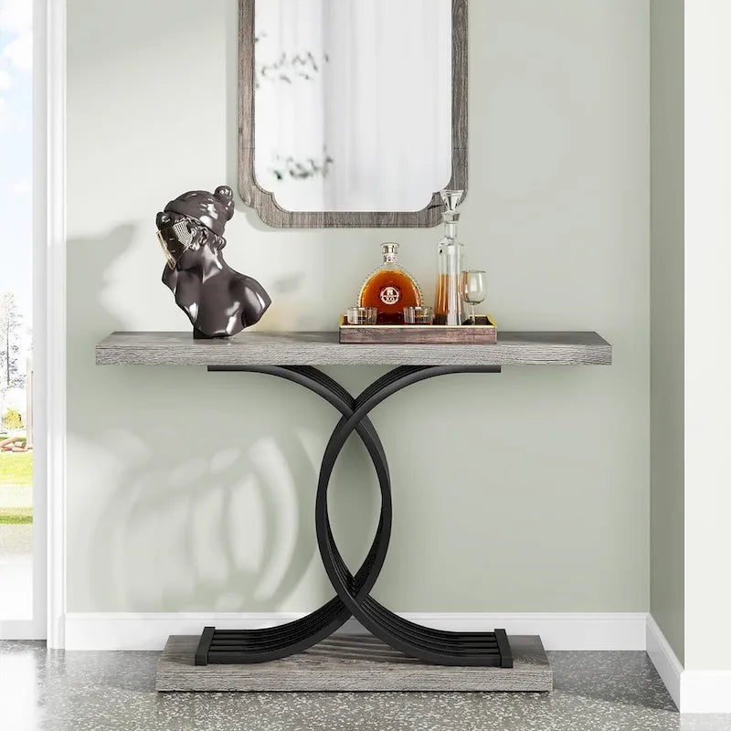 Grey / Gray & Black / Brown Console Table, Farmhouse Style, Single-Person Assembly