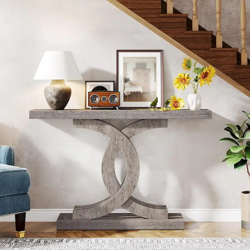 Grey / Gray & Black / Brown Console Table, Farmhouse Style, Single-Person Assembly