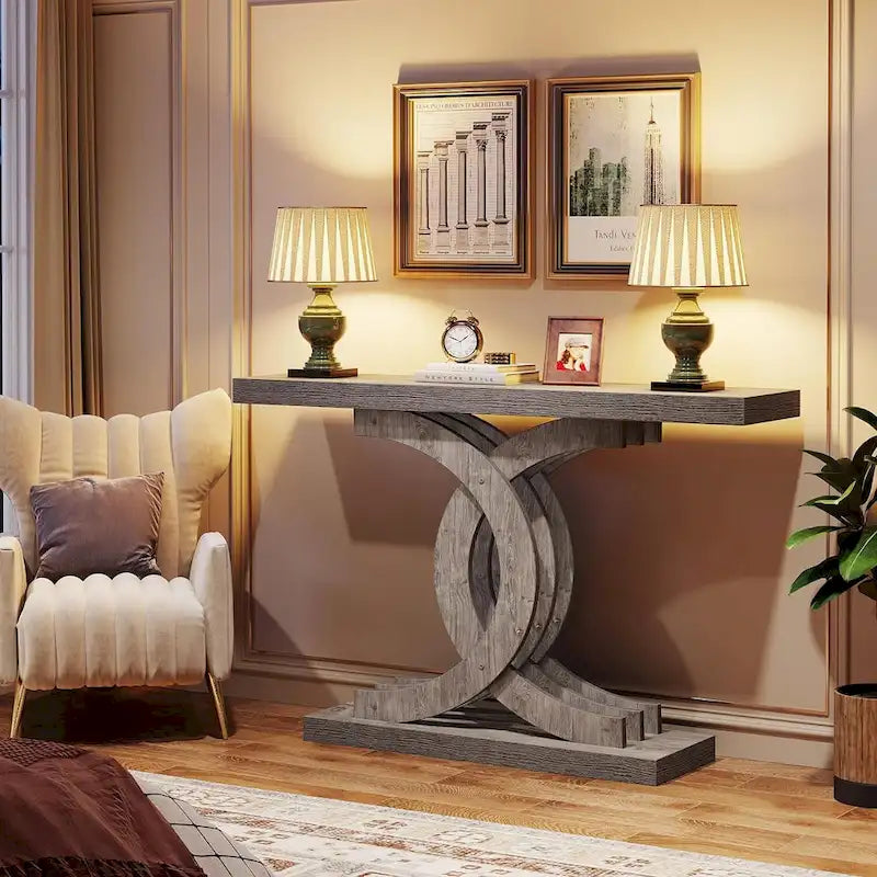 Grey / Gray & Black / Brown Console Table, Farmhouse Style, Single-Person Assembly