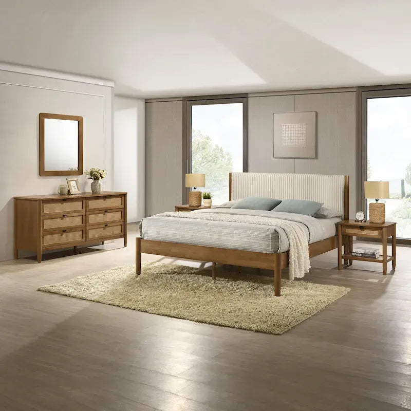 Ensemble de chambre Vichy 5 pièces en rotin de Roundhill Furniture avec lit queen rembourré, commode, chiffonnier, miroir et 2 tables de chevet