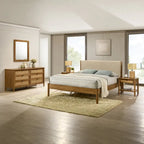 Roundhill Furniture Vichy 5-Piece Rattan Bedroom Set with Upholstered Queen Bed, Chest, Dresser, Mirror, and 2 Nightstands