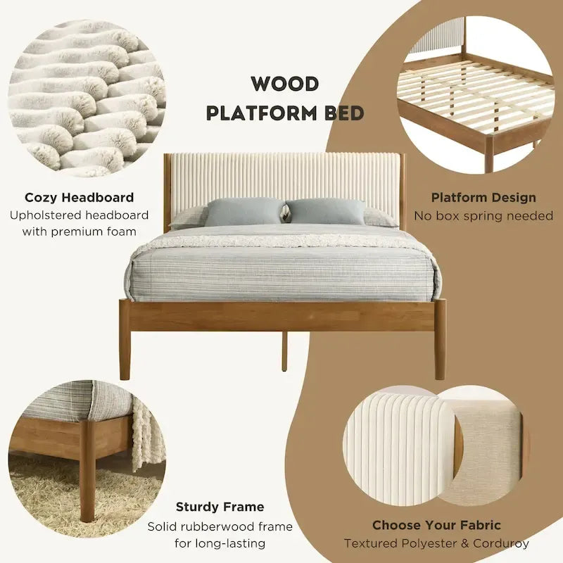 Roundhill Furniture Vichy 5-Piece Rattan Bedroom Set with Upholstered Queen Bed, Chest, Dresser, Mirror, and 2 Nightstands