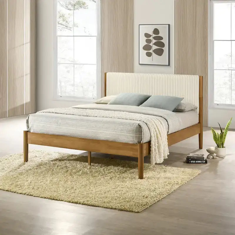 Roundhill Furniture Vichy 5-Piece Rattan Bedroom Set with Upholstered Queen Bed, Chest, Dresser, Mirror, and 2 Nightstands