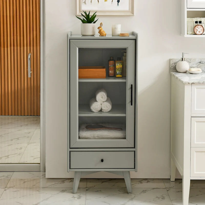 White & Grey Freestanding Bathroom Cabinet with Glass Door and Drawer