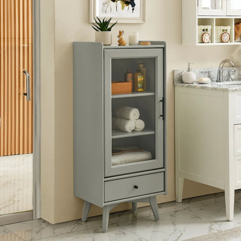 White & Grey Freestanding Bathroom Cabinet with Glass Door and Drawer