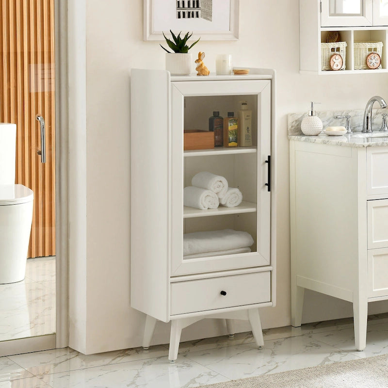 White & Grey Freestanding Bathroom Cabinet with Glass Door and Drawer