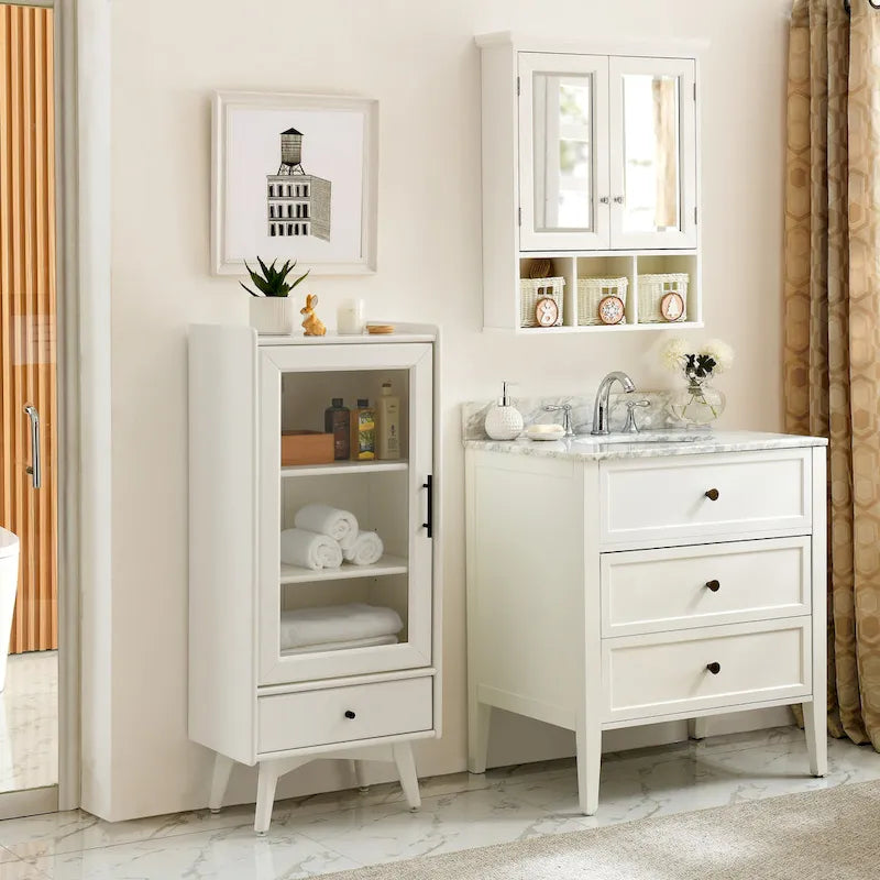 White & Grey Freestanding Bathroom Cabinet with Glass Door and Drawer