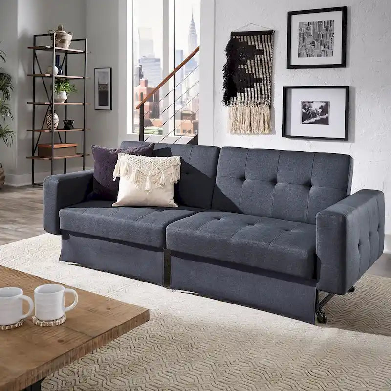 Gray Tufted Fabric Split-Back Convertible Futon, Full, Seats 2