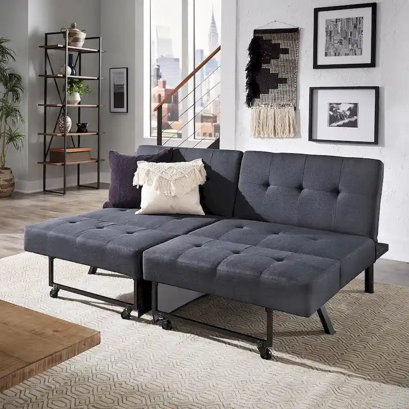 Gray Tufted Fabric Split-Back Convertible Futon, Full, Seats 2