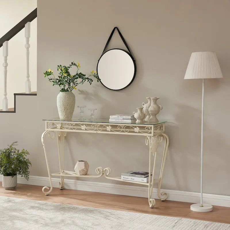 White Glass & Metal Console Table, 1-Person Use, Modern Style