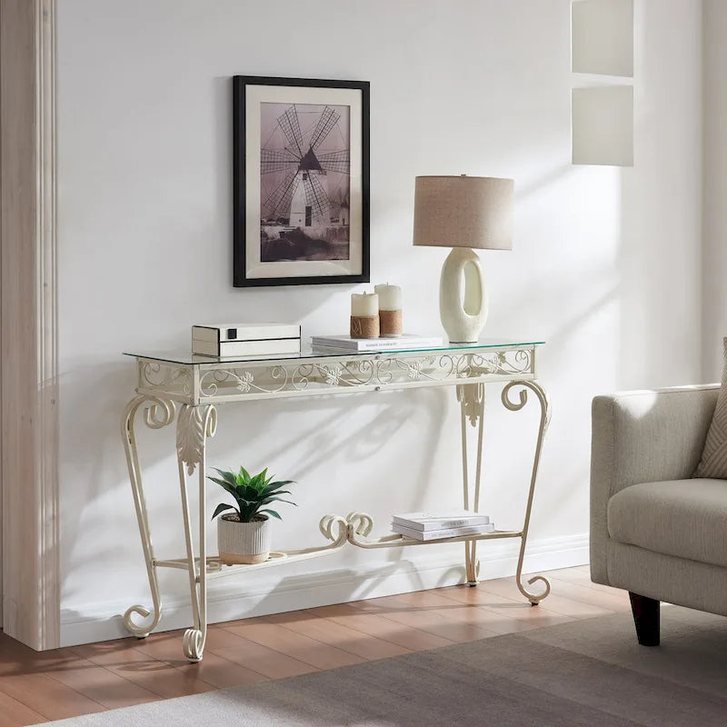 White Glass & Metal Console Table, 1-Person Use, Modern Style