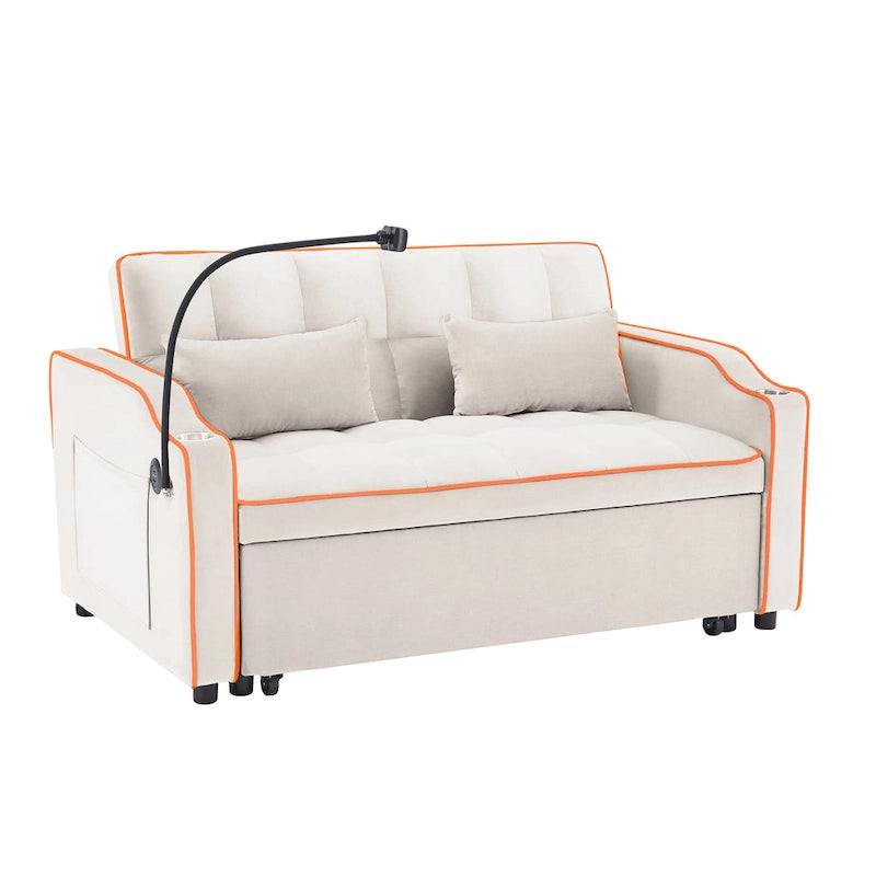 Velvet Foldable Futon Sofa Bed with USB Port & Phone Stand, 2-Person