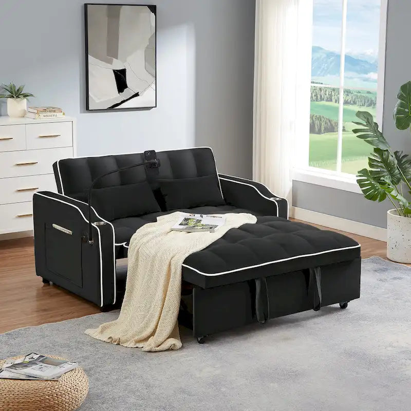 Velvet Foldable Futon Sofa Bed with USB Port & Phone Stand, 2-Person