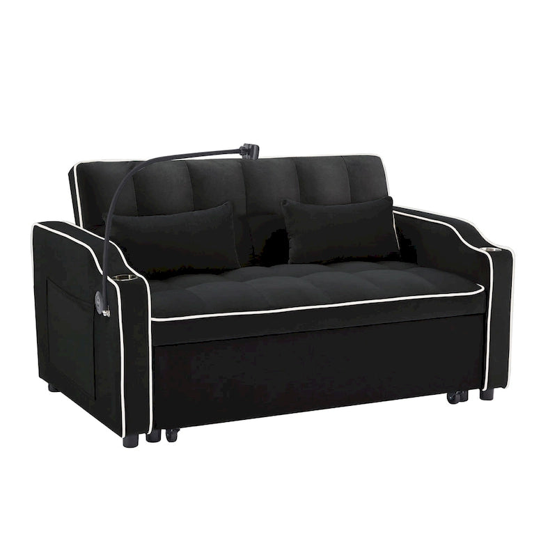 Velvet Foldable Futon Sofa Bed with USB Port & Phone Stand, 2-Person