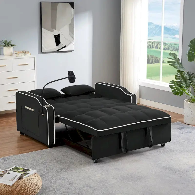 Velvet Foldable Futon Sofa Bed with USB Port & Phone Stand, 2-Person