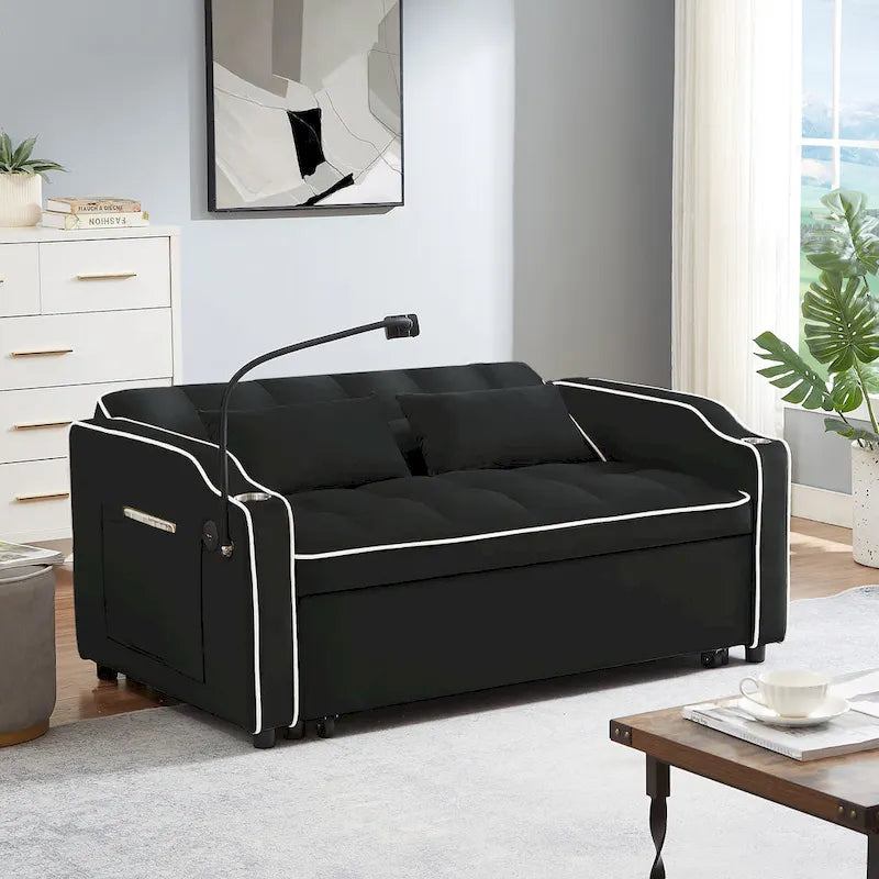 Velvet Foldable Futon Sofa Bed with USB Port & Phone Stand, 2-Person