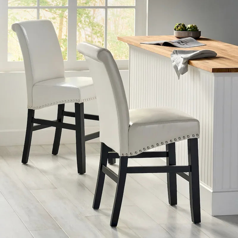 Tabouret de comptoir en similicuir collé clouté noir/brun/ivoire, ensemble de 2