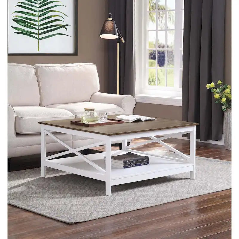 36" Square Coffee Table with Bottom Shelf, Multi-Color, Single