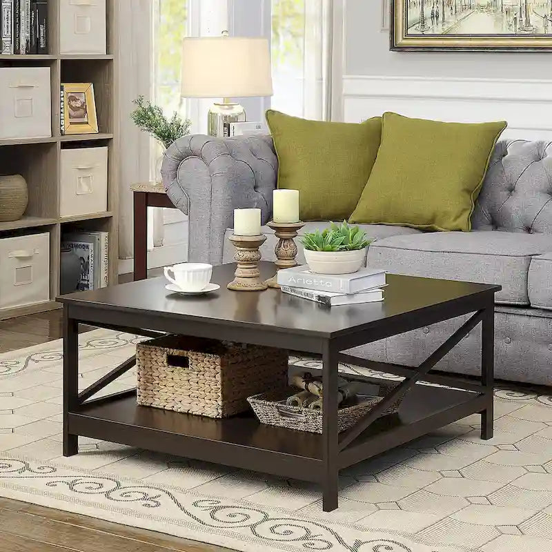 36" Square Coffee Table with Bottom Shelf, Multi-Color, Single