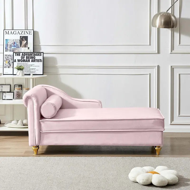 Velvet Chaise Lounge Chair with Storage, Single, Pink / Beige / Navy Blue / Khaki / Grey