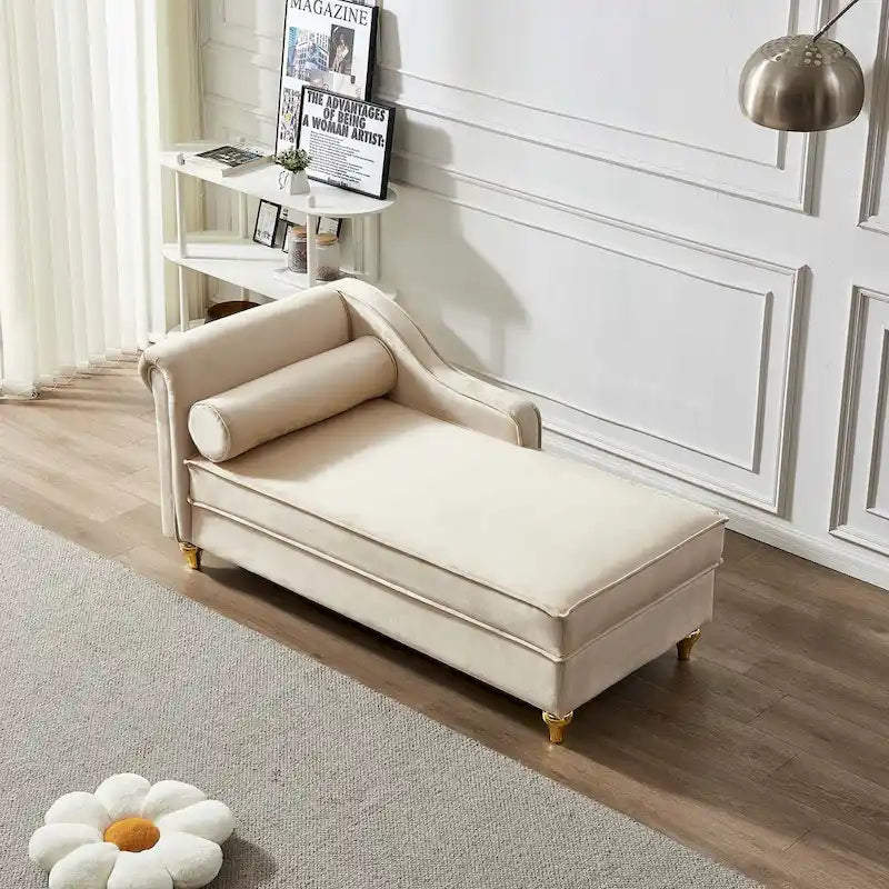Velvet Chaise Lounge Chair with Storage, Single, Pink / Beige / Navy Blue / Khaki / Grey
