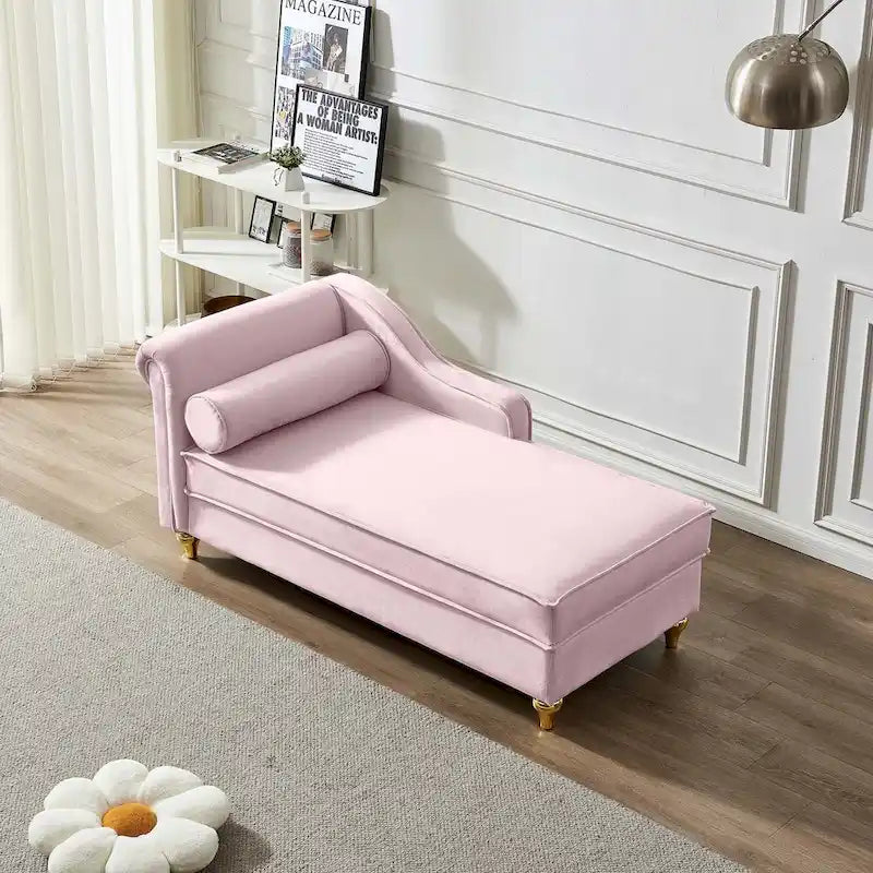 Velvet Chaise Lounge Chair with Storage, Single, Pink / Beige / Navy Blue / Khaki / Grey