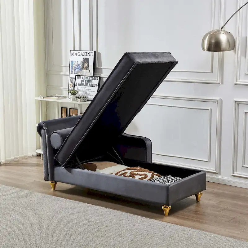 Velvet Chaise Lounge Chair with Storage, Single, Pink / Beige / Navy Blue / Khaki / Grey