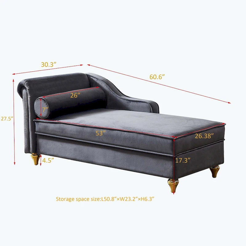 Velvet Chaise Lounge Chair with Storage, Single, Pink / Beige / Navy Blue / Khaki / Grey
