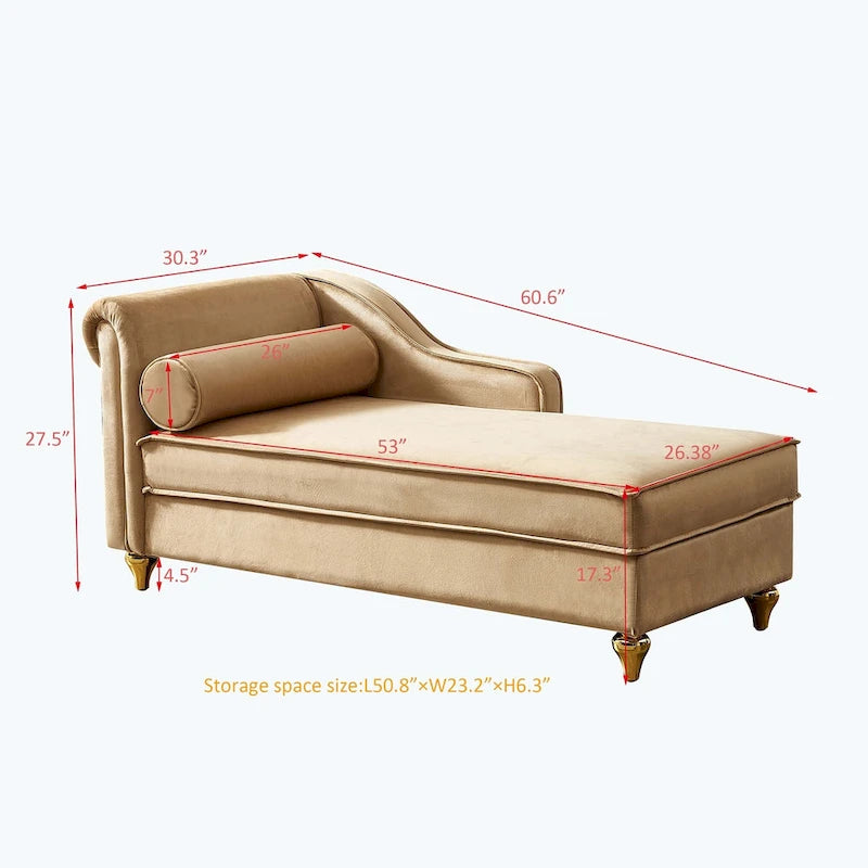 Velvet Chaise Lounge Chair with Storage, Single, Pink / Beige / Navy Blue / Khaki / Grey