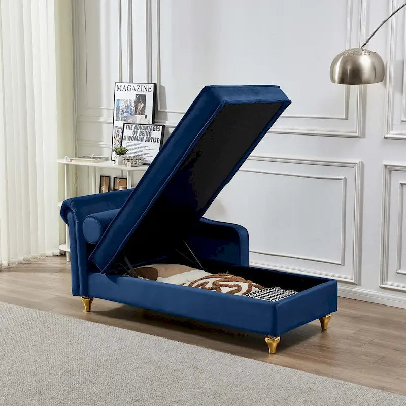 Velvet Chaise Lounge Chair with Storage, Single, Pink / Beige / Navy Blue / Khaki / Grey
