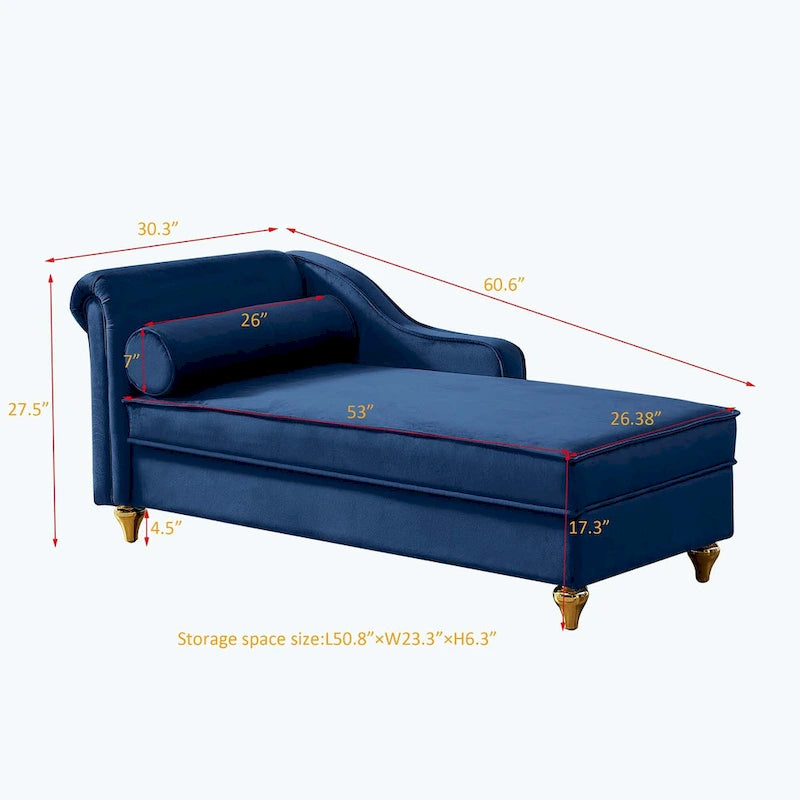 Velvet Chaise Lounge Chair with Storage, Single, Pink / Beige / Navy Blue / Khaki / Grey