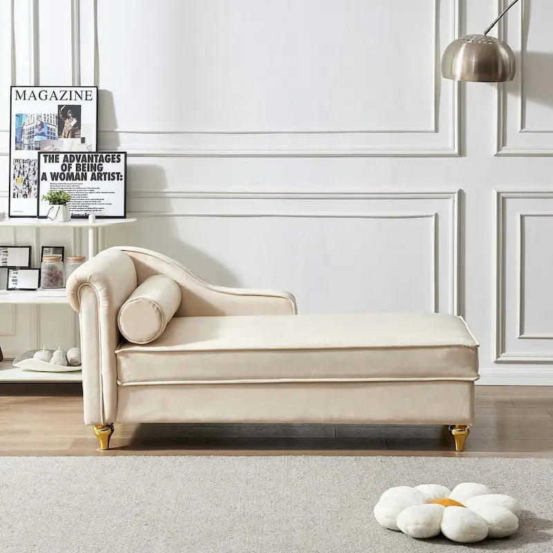 Velvet Chaise Lounge Chair with Storage, Single, Pink / Beige / Navy Blue / Khaki / Grey